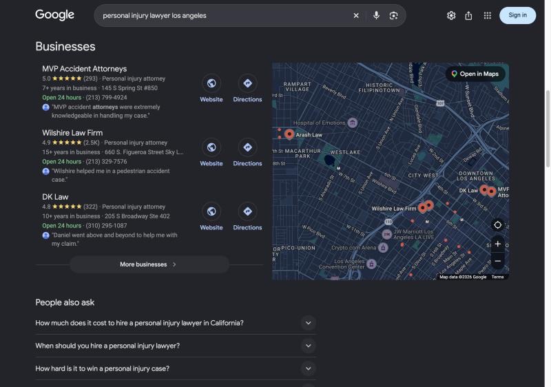 Google results for personal injury lawyer los angeles, map with 3 firms