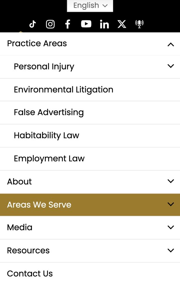 Mobile menu with Practice Areas open